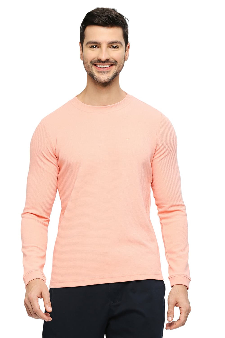 BASICS MUSCLE FIT APRICOT BLUSH COTTON POLYESTER STRETCH SOLID CREW T-SHIRTS
