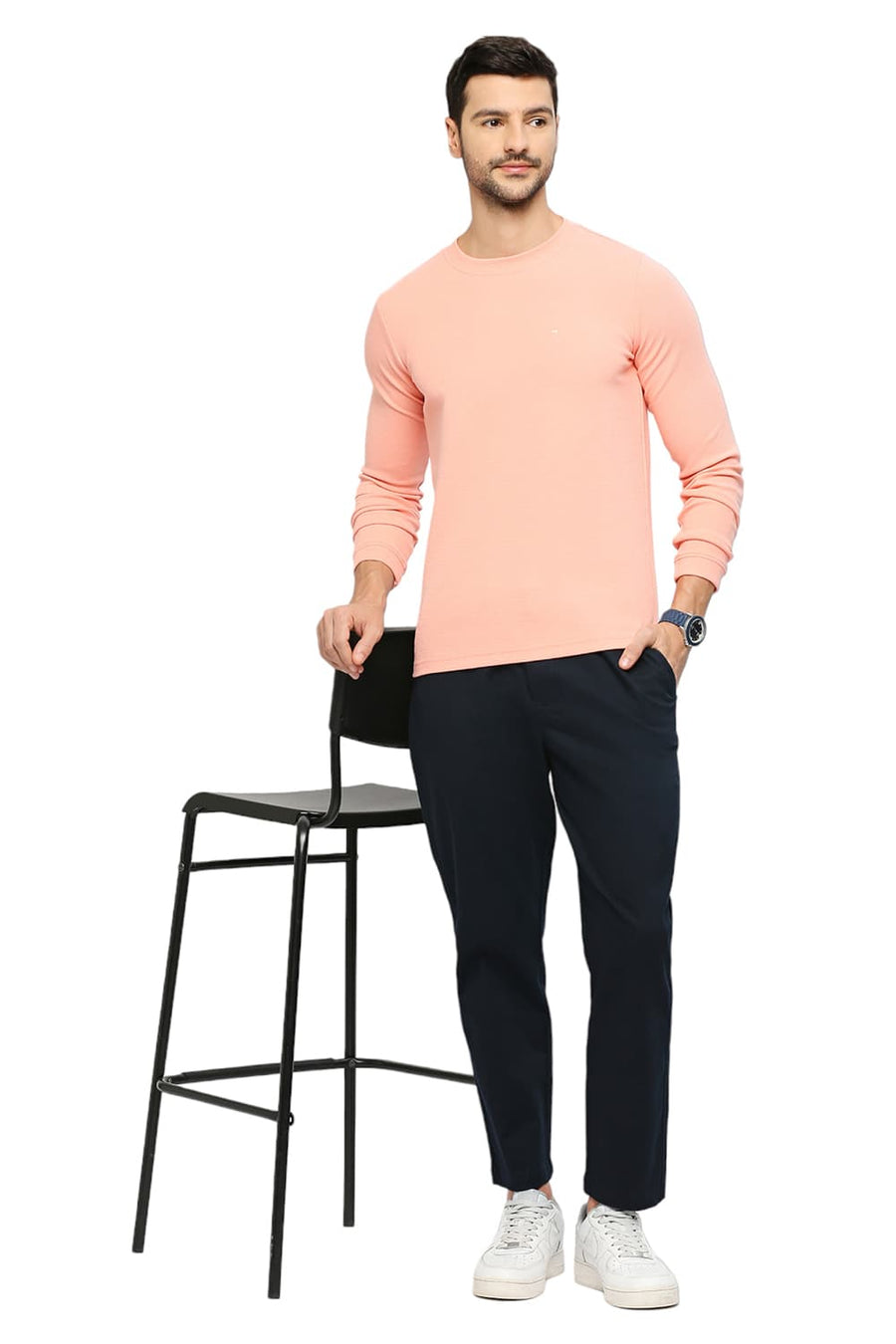 BASICS MUSCLE FIT APRICOT BLUSH COTTON POLYESTER STRETCH SOLID CREW T-SHIRTS