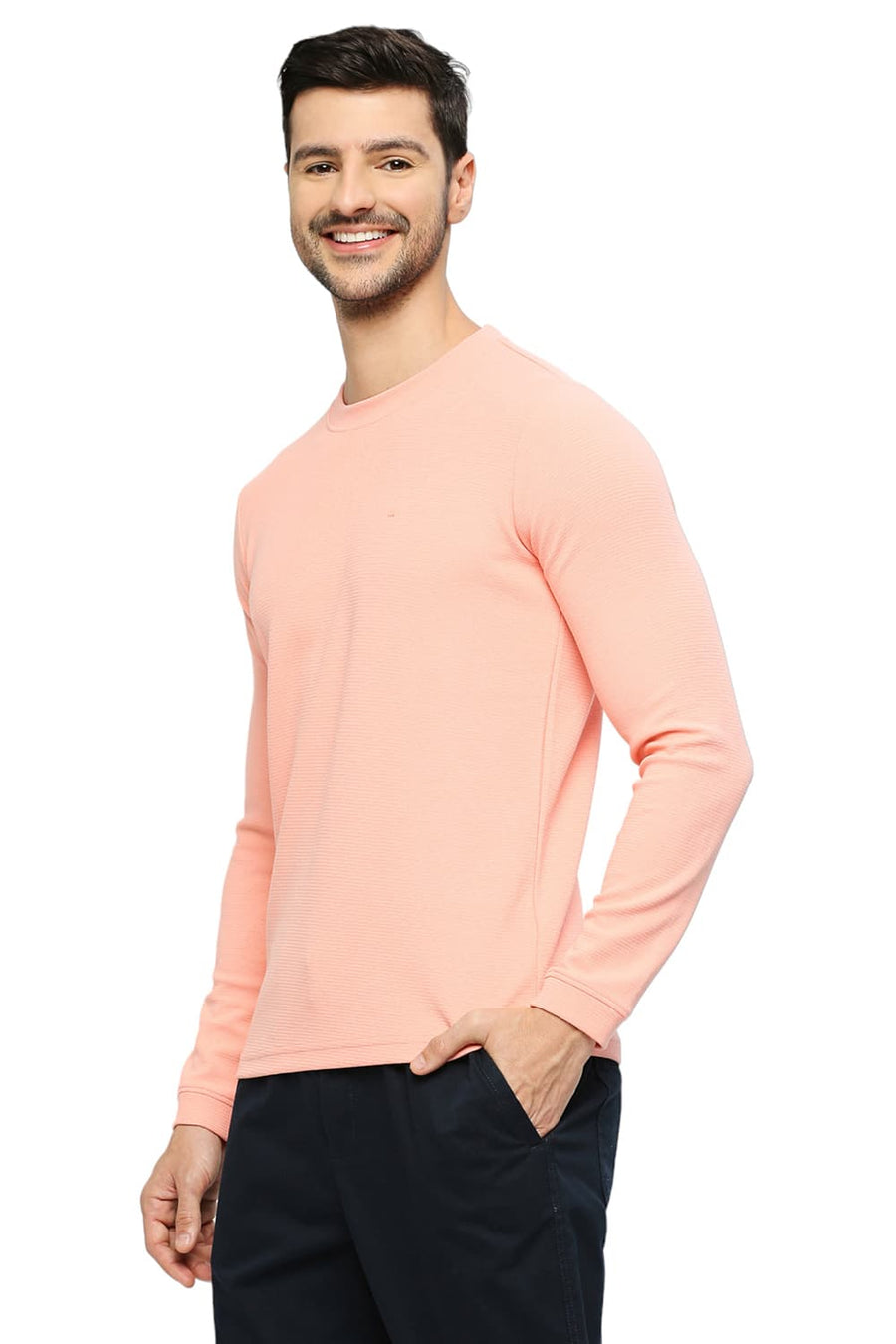 BASICS MUSCLE FIT APRICOT BLUSH COTTON POLYESTER STRETCH SOLID CREW T-SHIRTS