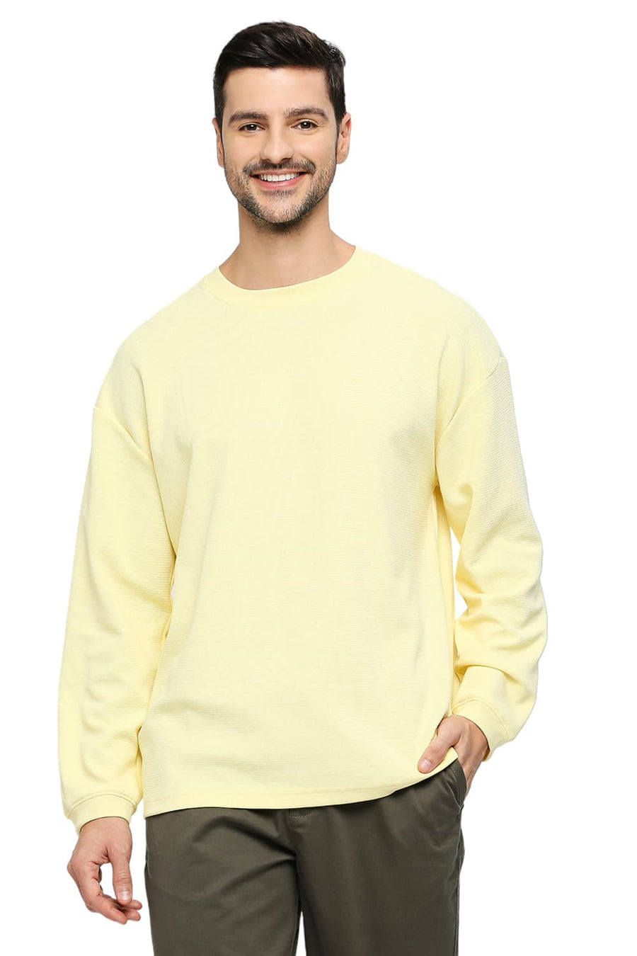 BASICS RELAXED FIT FRENCH VANILLA COTTON POLYESTER STRETCH SOLID CREW T-SHIRTS