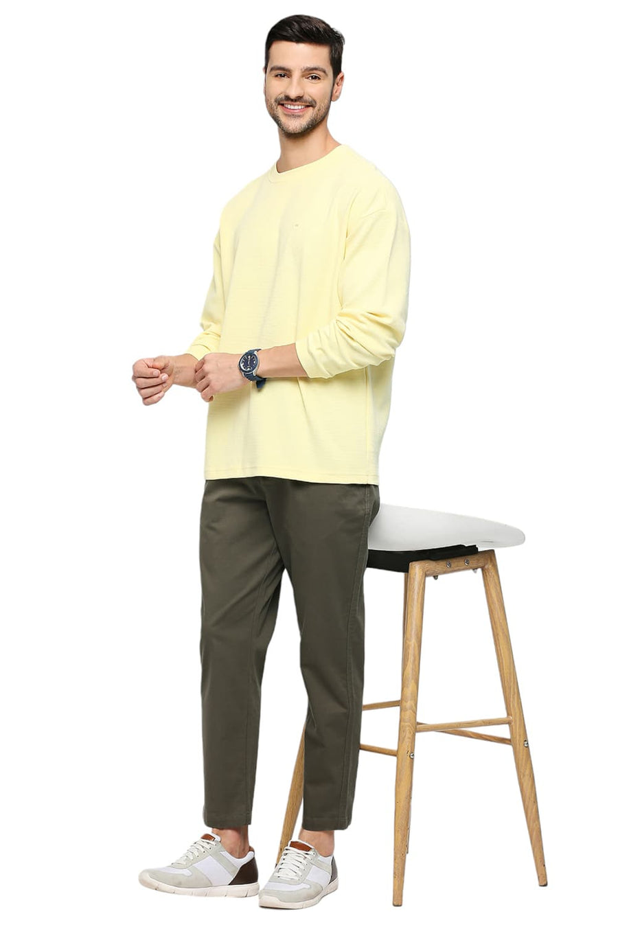 BASICS RELAXED FIT FRENCH VANILLA COTTON POLYESTER STRETCH SOLID CREW T-SHIRTS