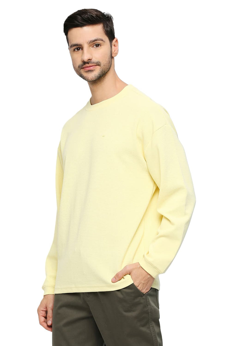 BASICS RELAXED FIT FRENCH VANILLA COTTON POLYESTER STRETCH SOLID CREW T-SHIRTS