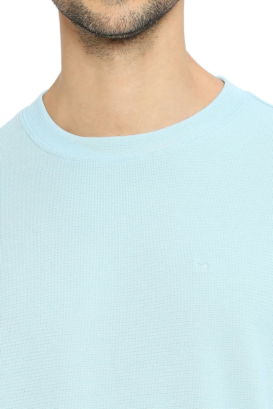 BASICS RELAXED FIT CRYSTAL BLUE COTTON POLYESTER STRETCH SOLID CREW T-SHIRTS