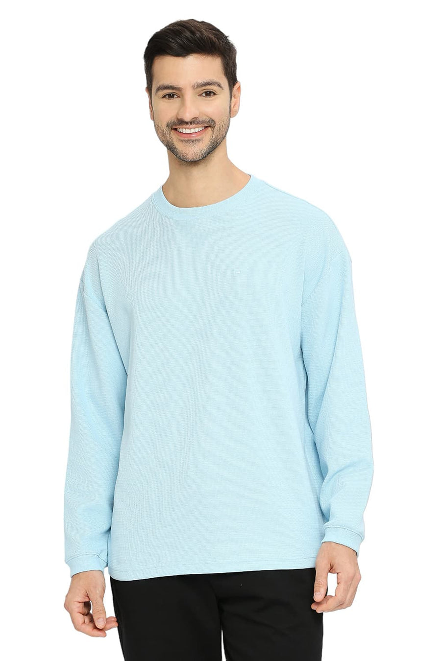 BASICS RELAXED FIT CRYSTAL BLUE COTTON POLYESTER STRETCH SOLID CREW T-SHIRTS