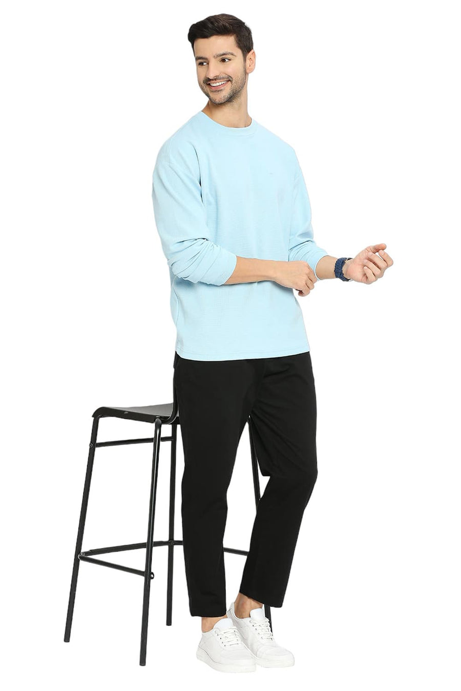 BASICS RELAXED FIT CRYSTAL BLUE COTTON POLYESTER STRETCH SOLID CREW T-SHIRTS