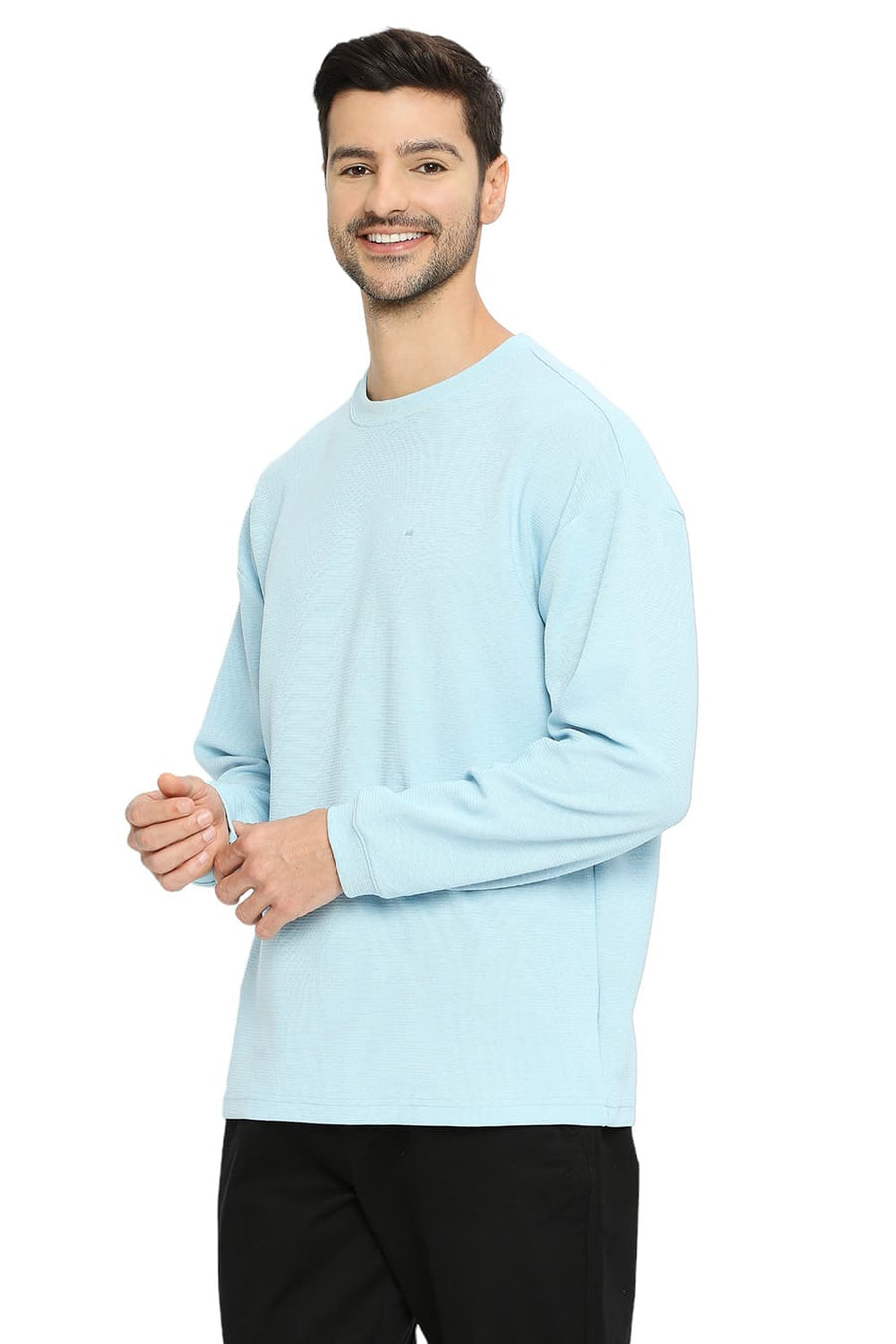BASICS RELAXED FIT CRYSTAL BLUE COTTON POLYESTER STRETCH SOLID CREW T-SHIRTS