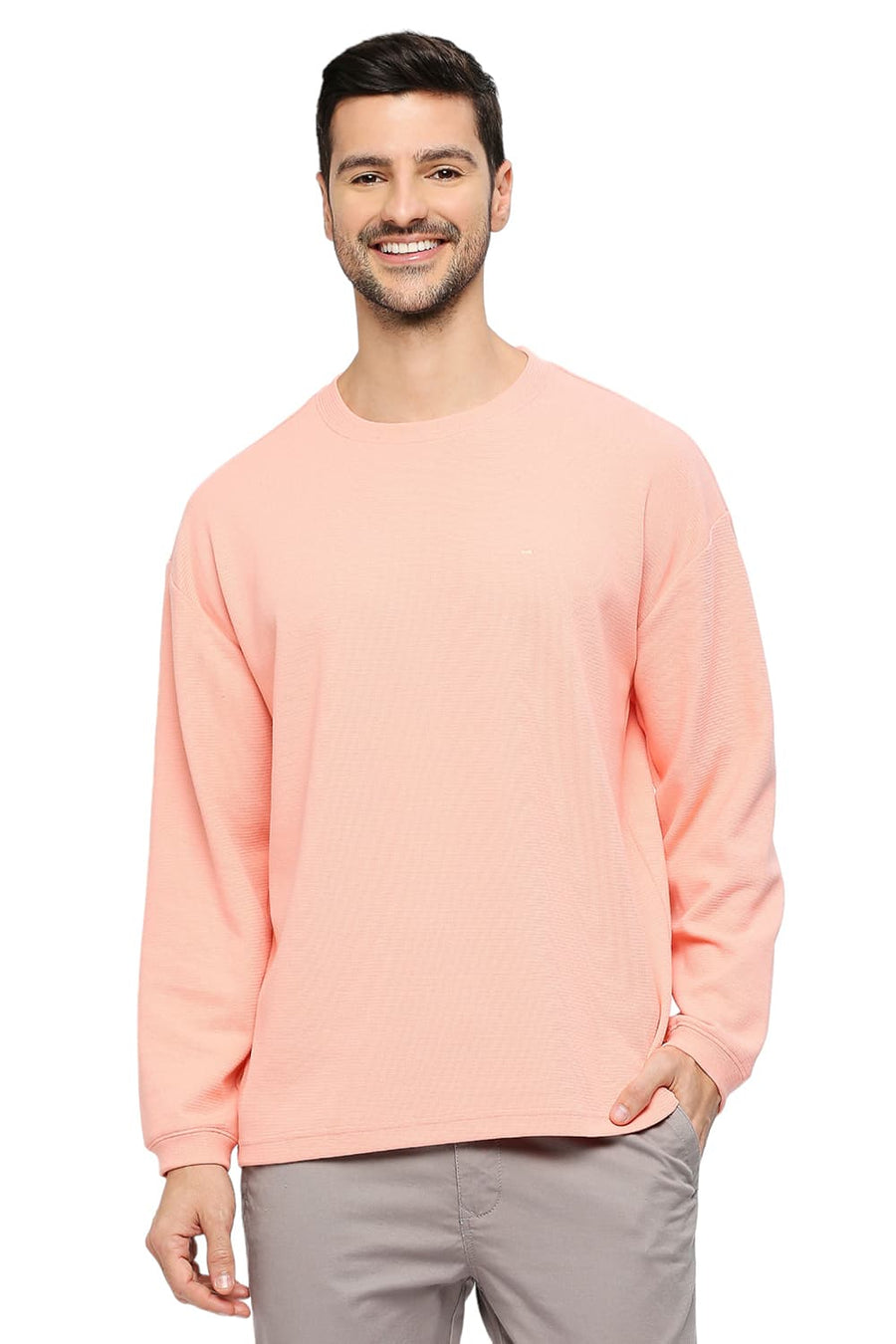 BASICS RELAXED FIT APRICOT BLUSH COTTON POLYESTER STRETCH SOLID CREW T-SHIRTS