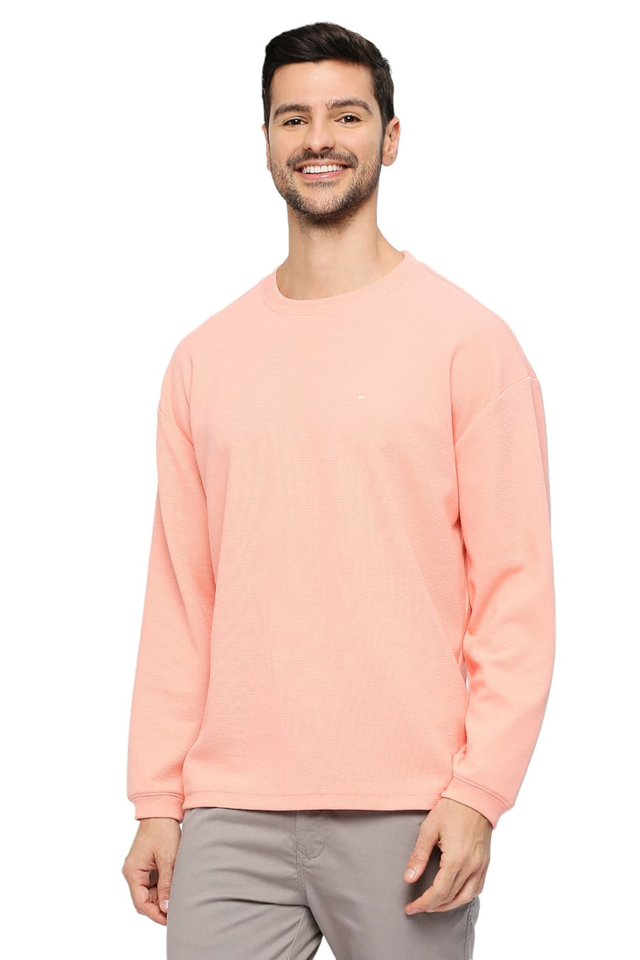 BASICS RELAXED FIT APRICOT BLUSH COTTON POLYESTER STRETCH SOLID CREW T-SHIRTS
