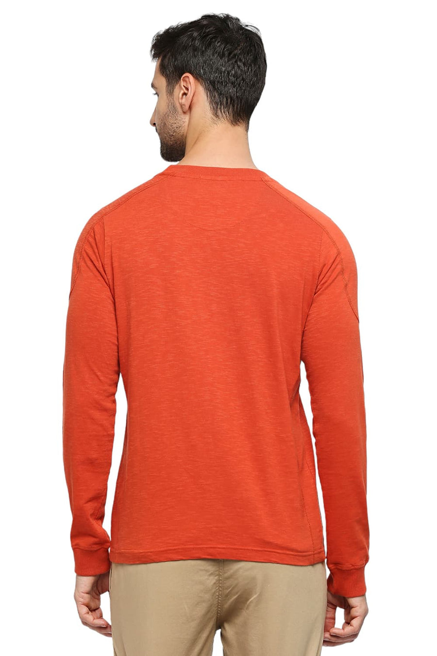 BASICS MUSCLE FIT BURNT OCHRE COTTON SOLID CREW T-SHIRTS
