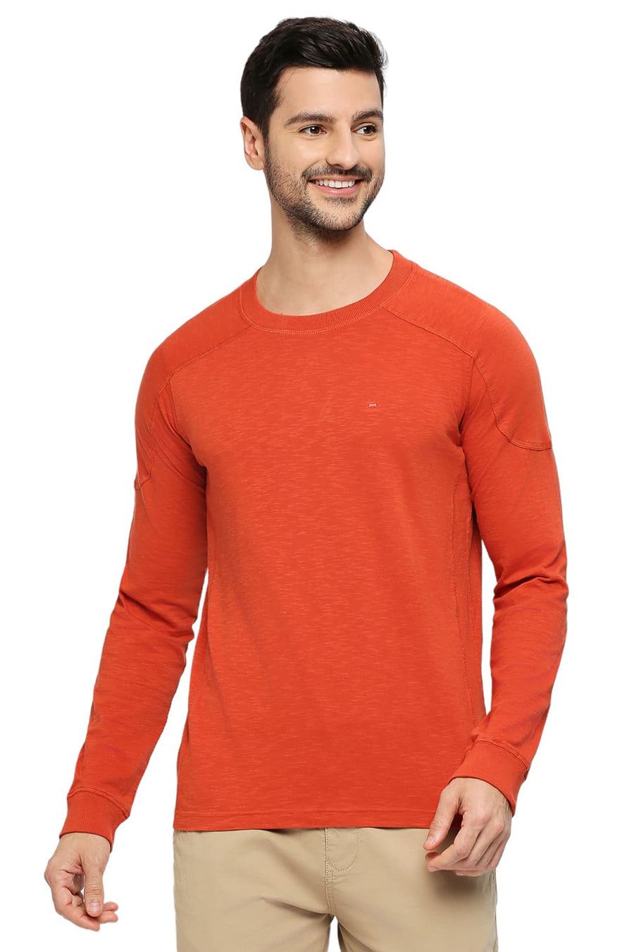 BASICS MUSCLE FIT BURNT OCHRE COTTON SOLID CREW T-SHIRTS