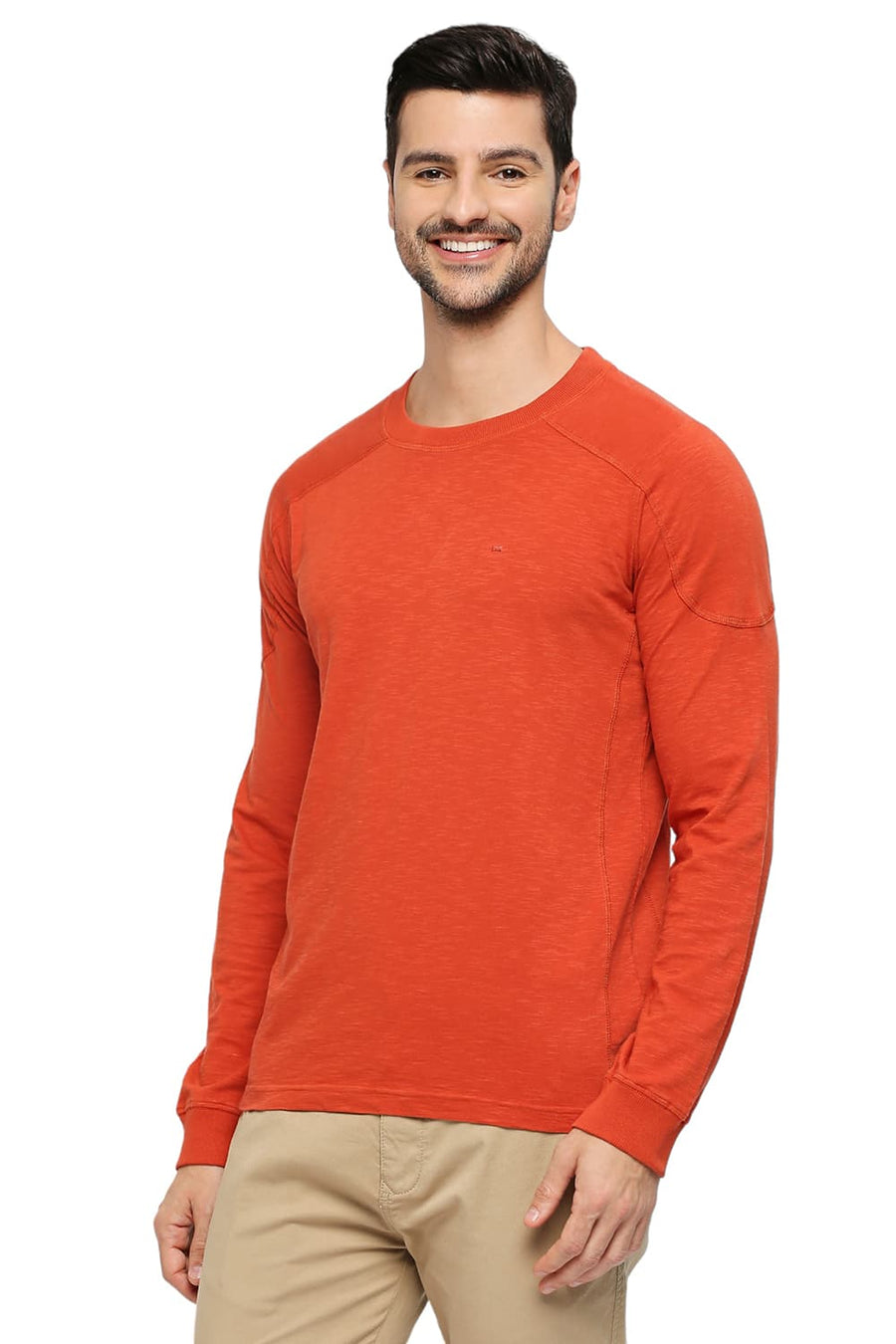 BASICS MUSCLE FIT BURNT OCHRE COTTON SOLID CREW T-SHIRTS