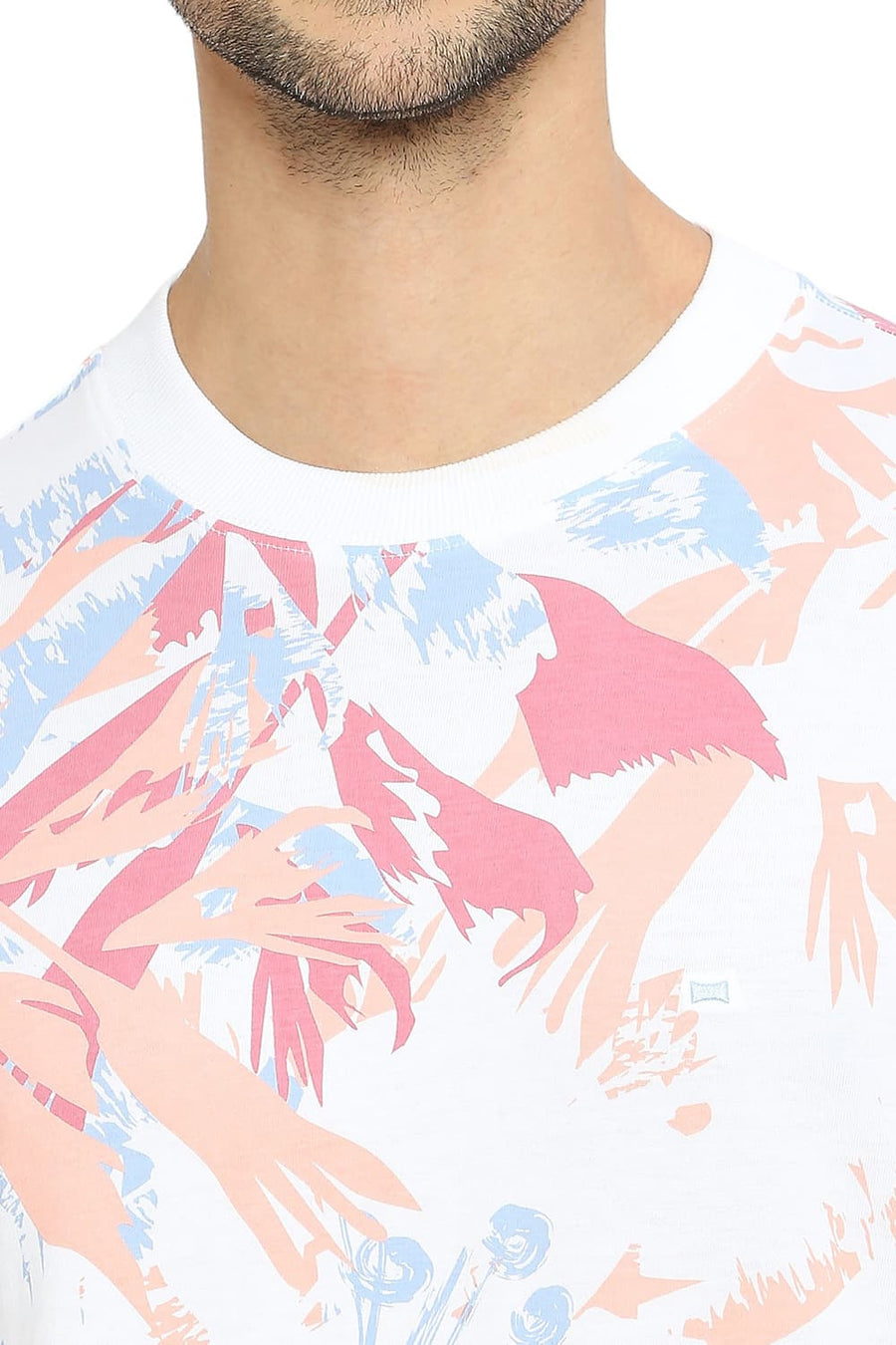 BASICS MUSCLE FIT BRIGHT WHITE COTTON PRINTED CREW T-SHIRTS