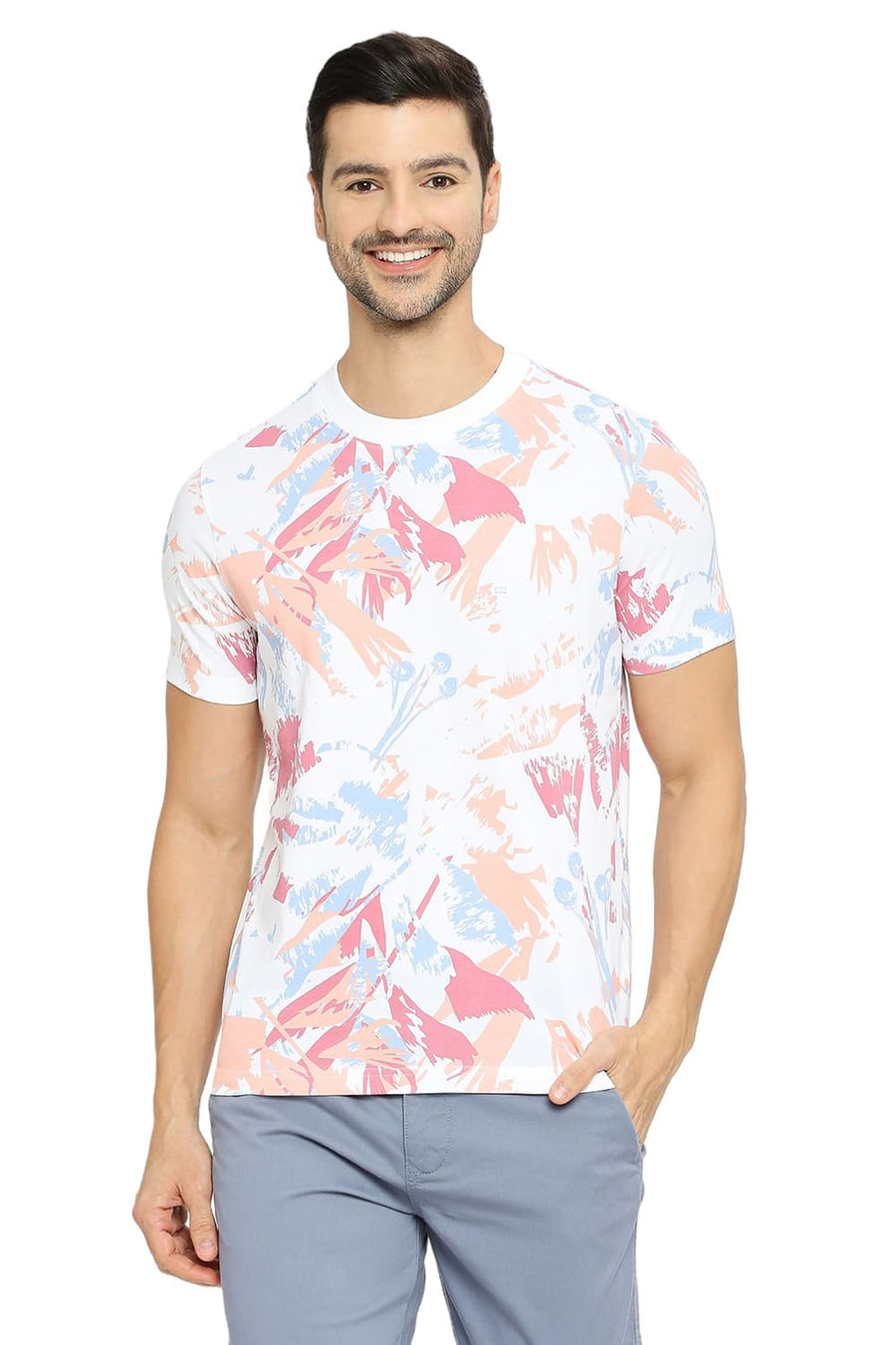 BASICS MUSCLE FIT BRIGHT WHITE COTTON PRINTED CREW T-SHIRTS
