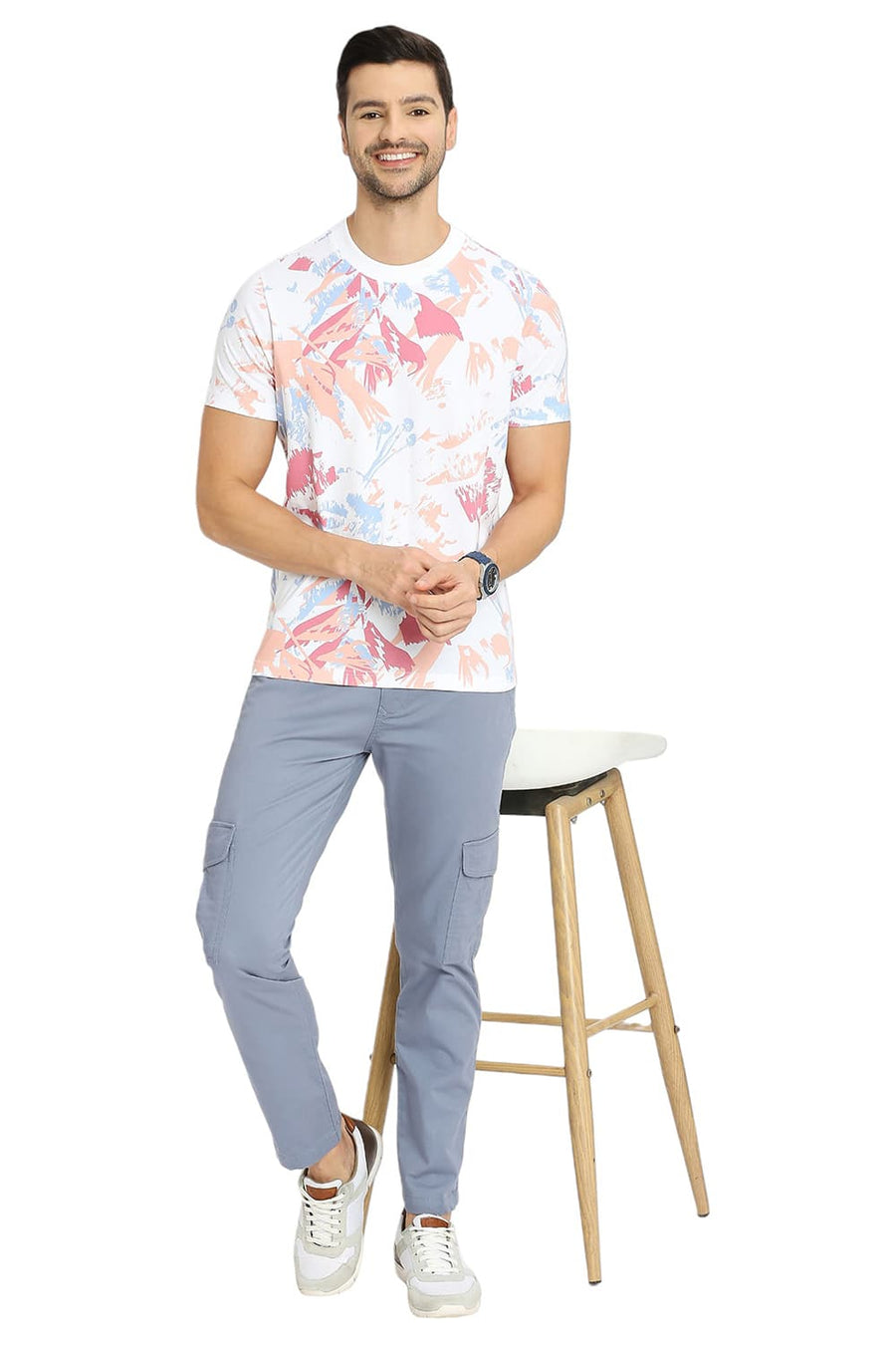 BASICS MUSCLE FIT BRIGHT WHITE COTTON PRINTED CREW T-SHIRTS