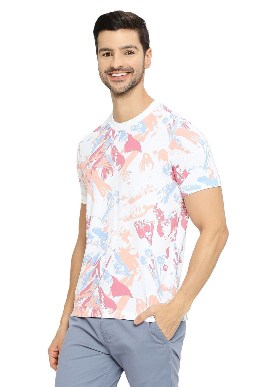 BASICS MUSCLE FIT BRIGHT WHITE COTTON PRINTED CREW T-SHIRTS