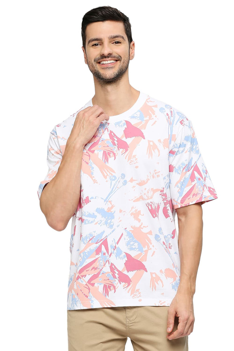 BASICS RELAXED FIT BRIGHT WHITE COTTON PRINTED CREW T-SHIRTS