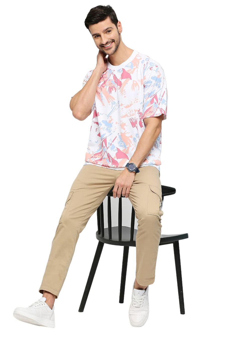 BASICS RELAXED FIT BRIGHT WHITE COTTON PRINTED CREW T-SHIRTS