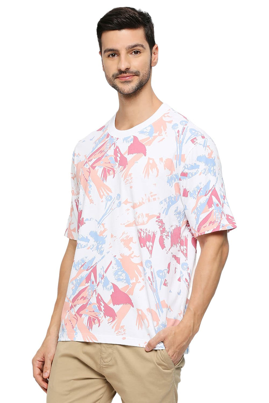 BASICS RELAXED FIT BRIGHT WHITE COTTON PRINTED CREW T-SHIRTS