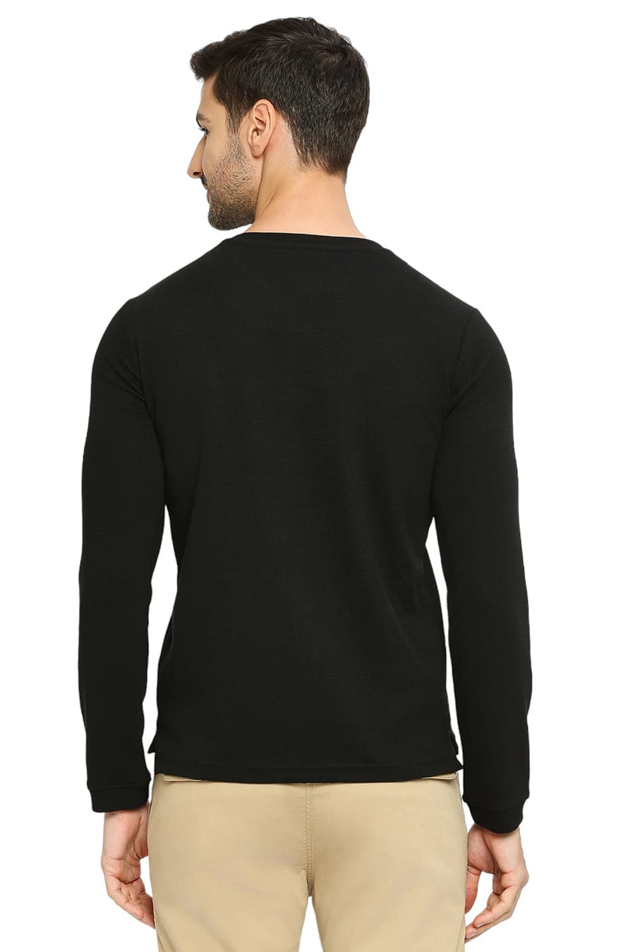 BASICS MUSCLE FIT BLACK BEAUTY COTTON POLYESTER STRETCH SOLID HENLEY T-SHIRTS