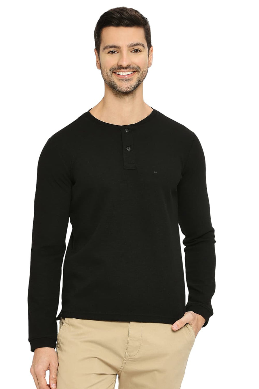 BASICS MUSCLE FIT BLACK BEAUTY COTTON POLYESTER STRETCH SOLID HENLEY T-SHIRTS