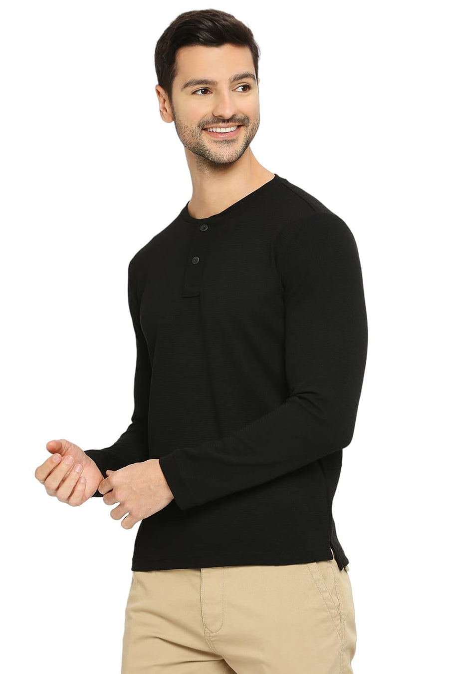 BASICS MUSCLE FIT BLACK BEAUTY COTTON POLYESTER STRETCH SOLID HENLEY T-SHIRTS
