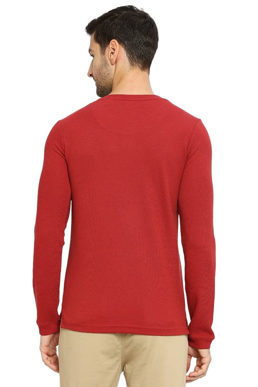 BASICS MUSCLE FIT RED PEAR COTTON POLYESTER STRETCH SOLID HENLEY T-SHIRTS