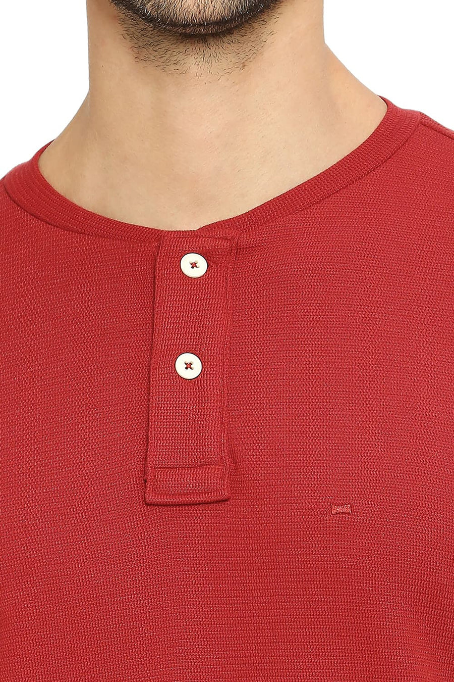 BASICS MUSCLE FIT RED PEAR COTTON POLYESTER STRETCH SOLID HENLEY T-SHIRTS