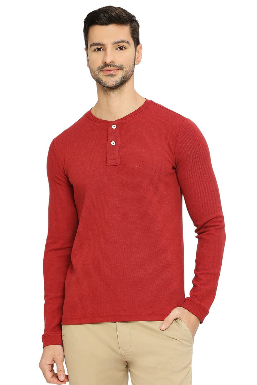 BASICS MUSCLE FIT RED PEAR COTTON POLYESTER STRETCH SOLID HENLEY T-SHIRTS
