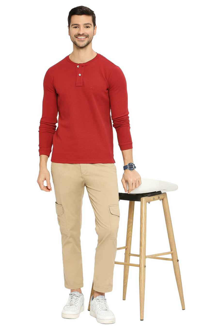 BASICS MUSCLE FIT RED PEAR COTTON POLYESTER STRETCH SOLID HENLEY T-SHIRTS