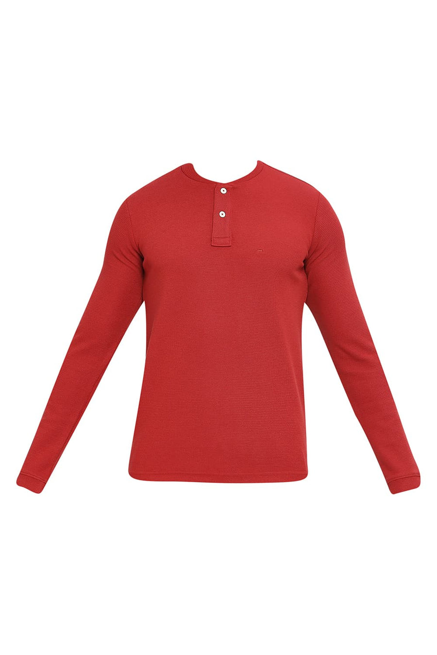 BASICS MUSCLE FIT RED PEAR COTTON POLYESTER STRETCH SOLID HENLEY T-SHIRTS