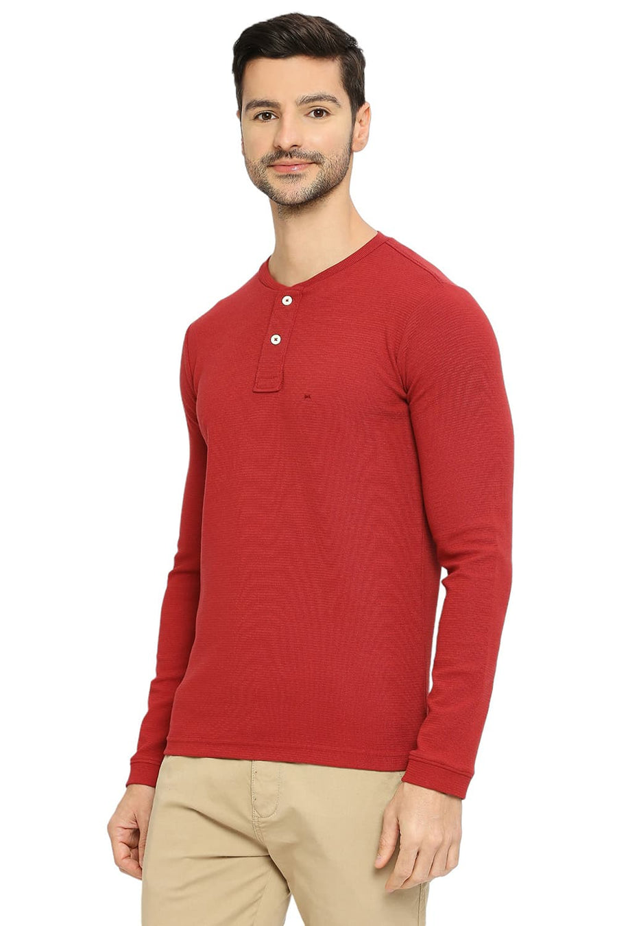 BASICS MUSCLE FIT RED PEAR COTTON POLYESTER STRETCH SOLID HENLEY T-SHIRTS