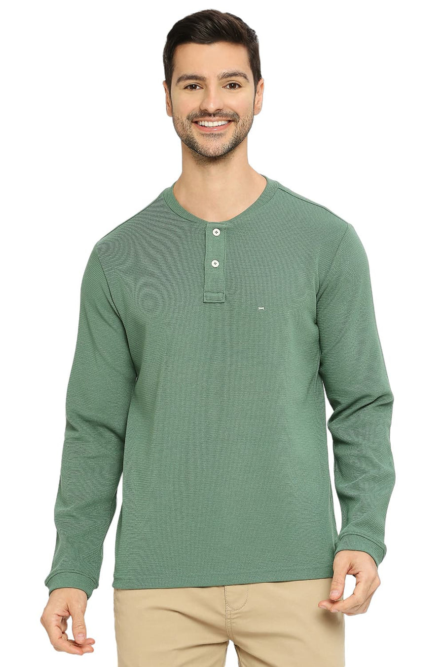BASICS MUSCLE FIT MYRTLE COTTON POLYESTER STRETCH SOLID HENLEY T-SHIRTS