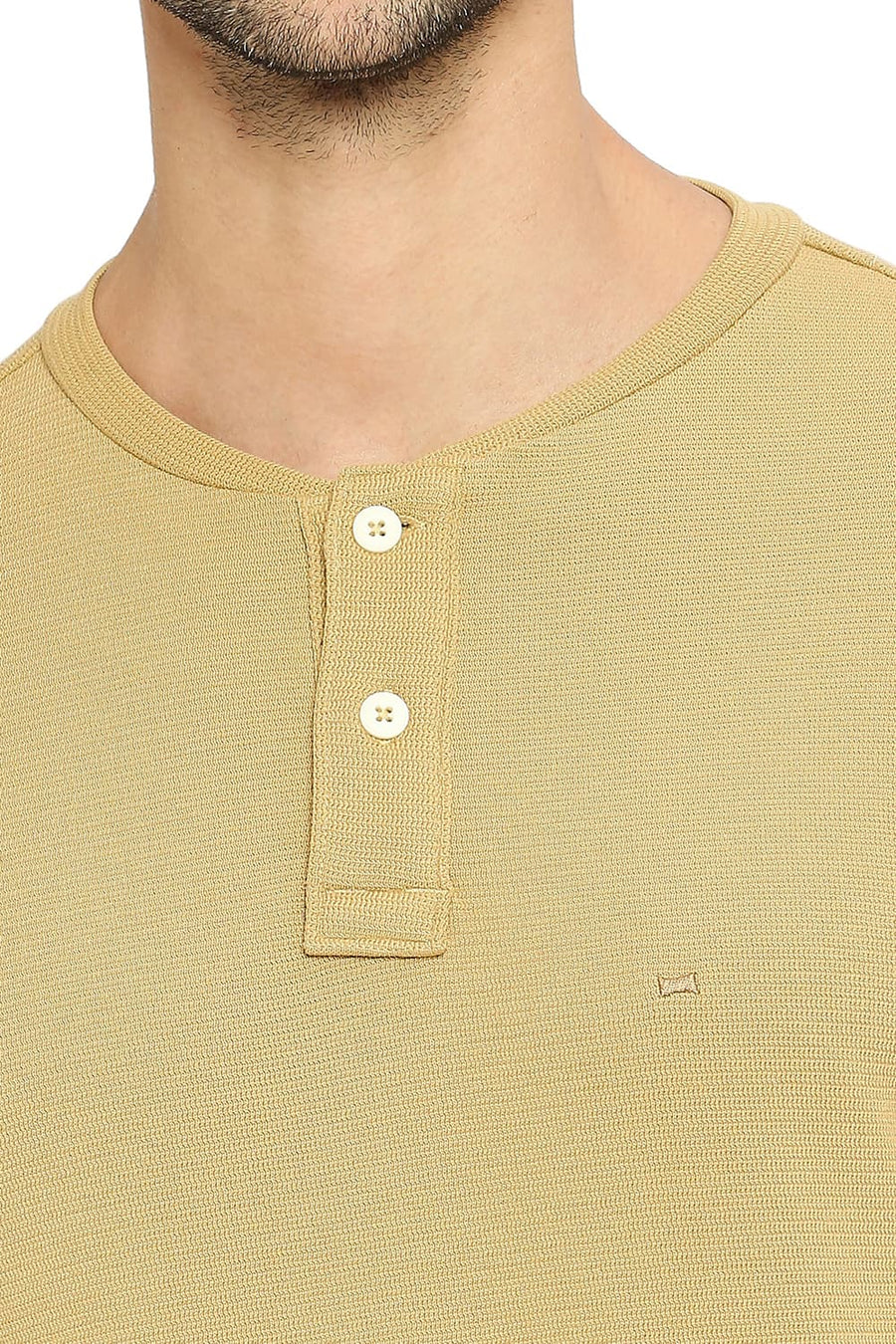 BASICS MUSCLE FIT CURRY COTTON POLYESTER STRETCH SOLID HENLEY T-SHIRTS