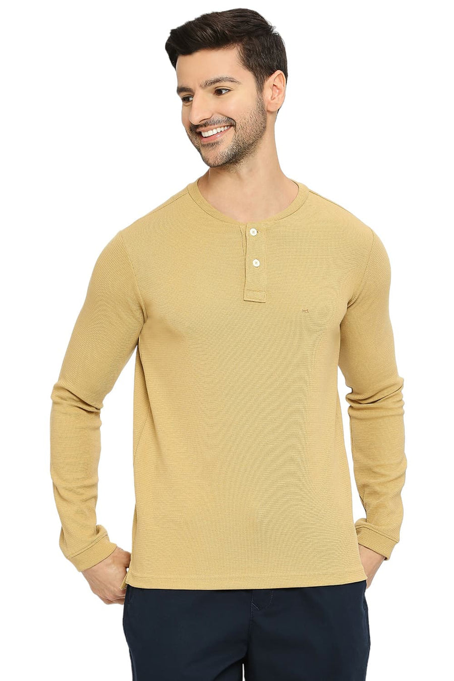 BASICS MUSCLE FIT CURRY COTTON POLYESTER STRETCH SOLID HENLEY T-SHIRTS