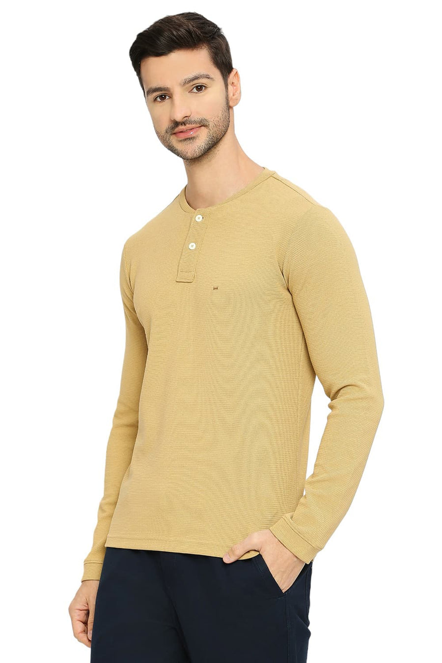 BASICS MUSCLE FIT CURRY COTTON POLYESTER STRETCH SOLID HENLEY T-SHIRTS