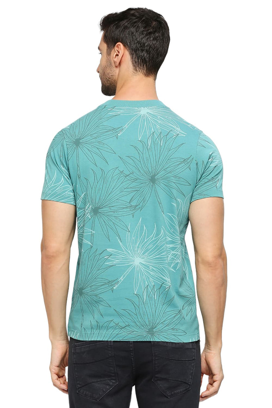 BASICS MUSCLE FIT TEAL COTTON PRINTED CREW T-SHIRTS
