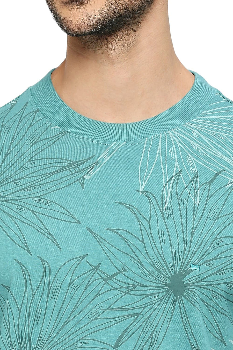 BASICS MUSCLE FIT TEAL COTTON PRINTED CREW T-SHIRTS