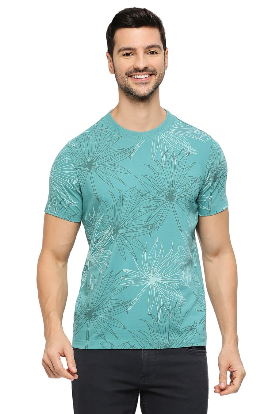 BASICS MUSCLE FIT TEAL COTTON PRINTED CREW T-SHIRTS