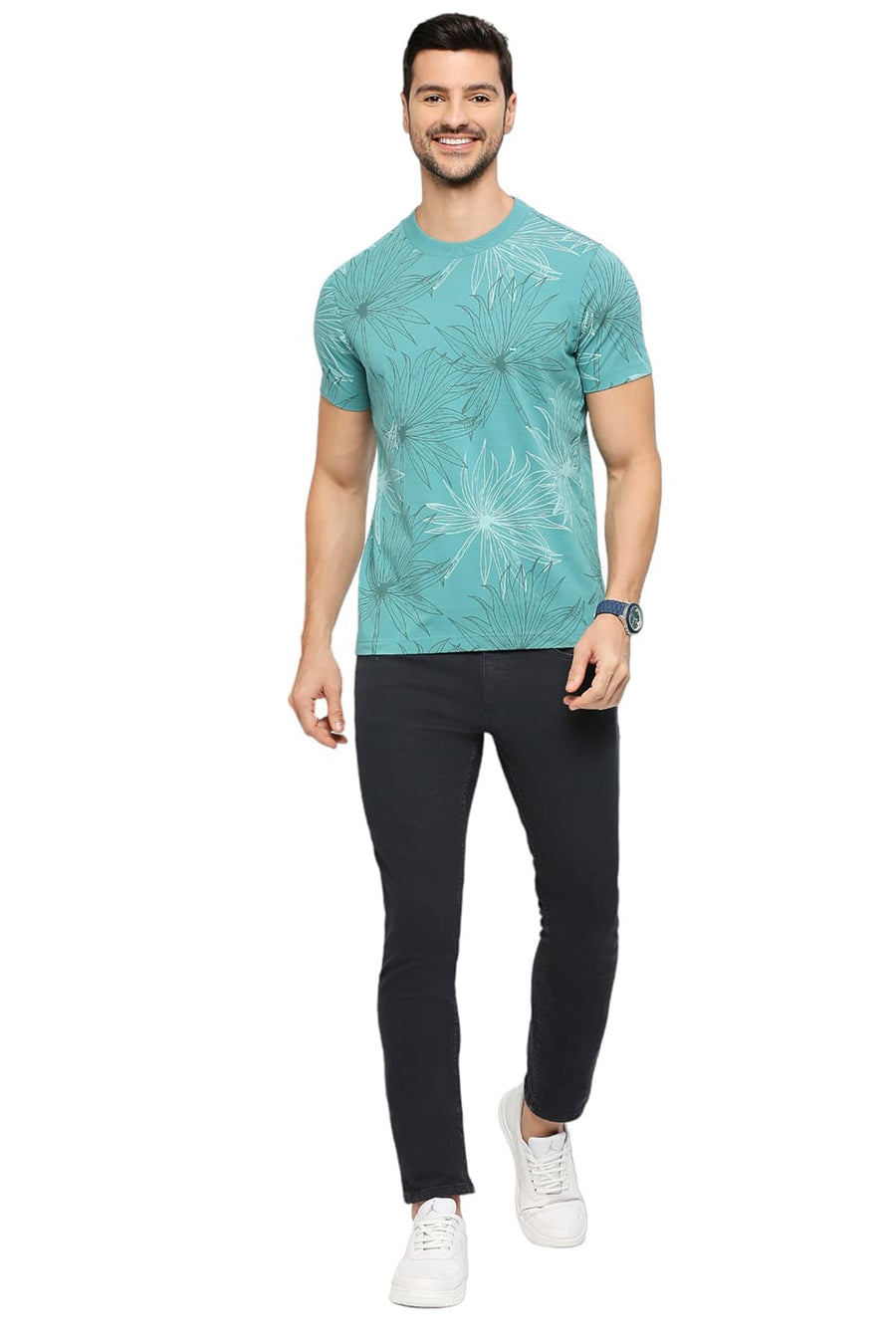 BASICS MUSCLE FIT TEAL COTTON PRINTED CREW T-SHIRTS