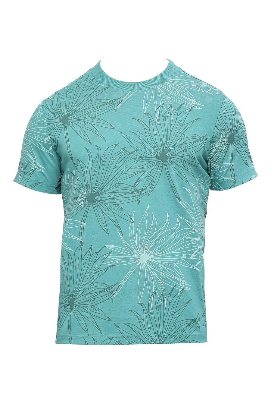 BASICS MUSCLE FIT TEAL COTTON PRINTED CREW T-SHIRTS