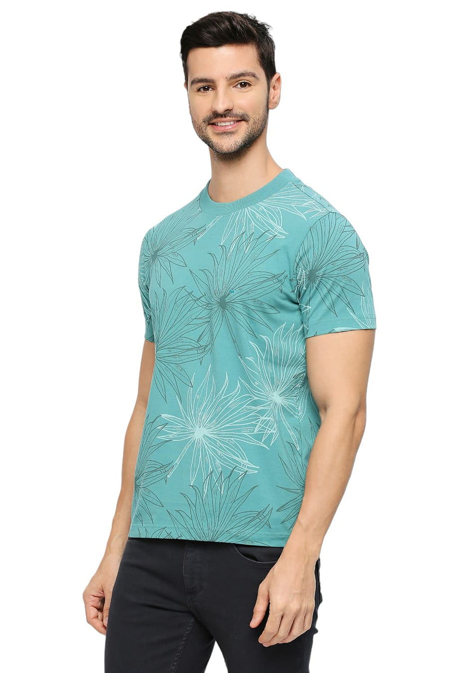 BASICS MUSCLE FIT TEAL COTTON PRINTED CREW T-SHIRTS