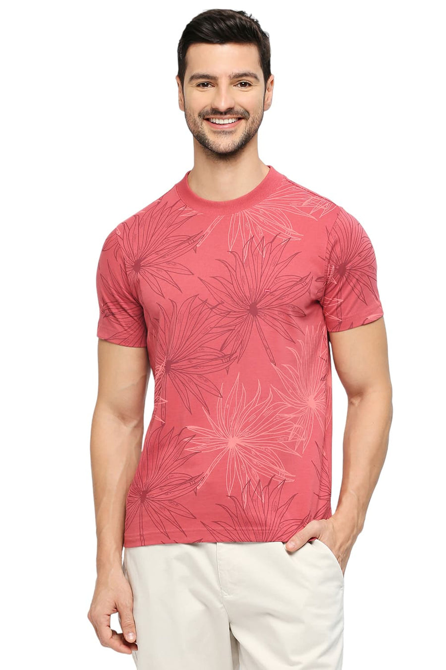 BASICS MUSCLE FIT GARNET ROSE COTTON PRINTED CREW T-SHIRTS