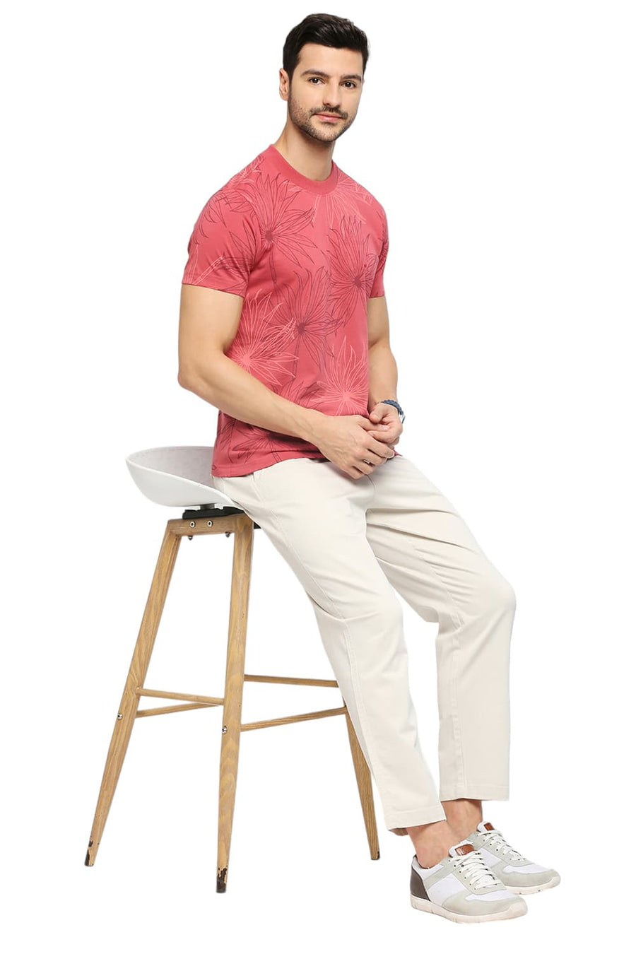BASICS MUSCLE FIT GARNET ROSE COTTON PRINTED CREW T-SHIRTS