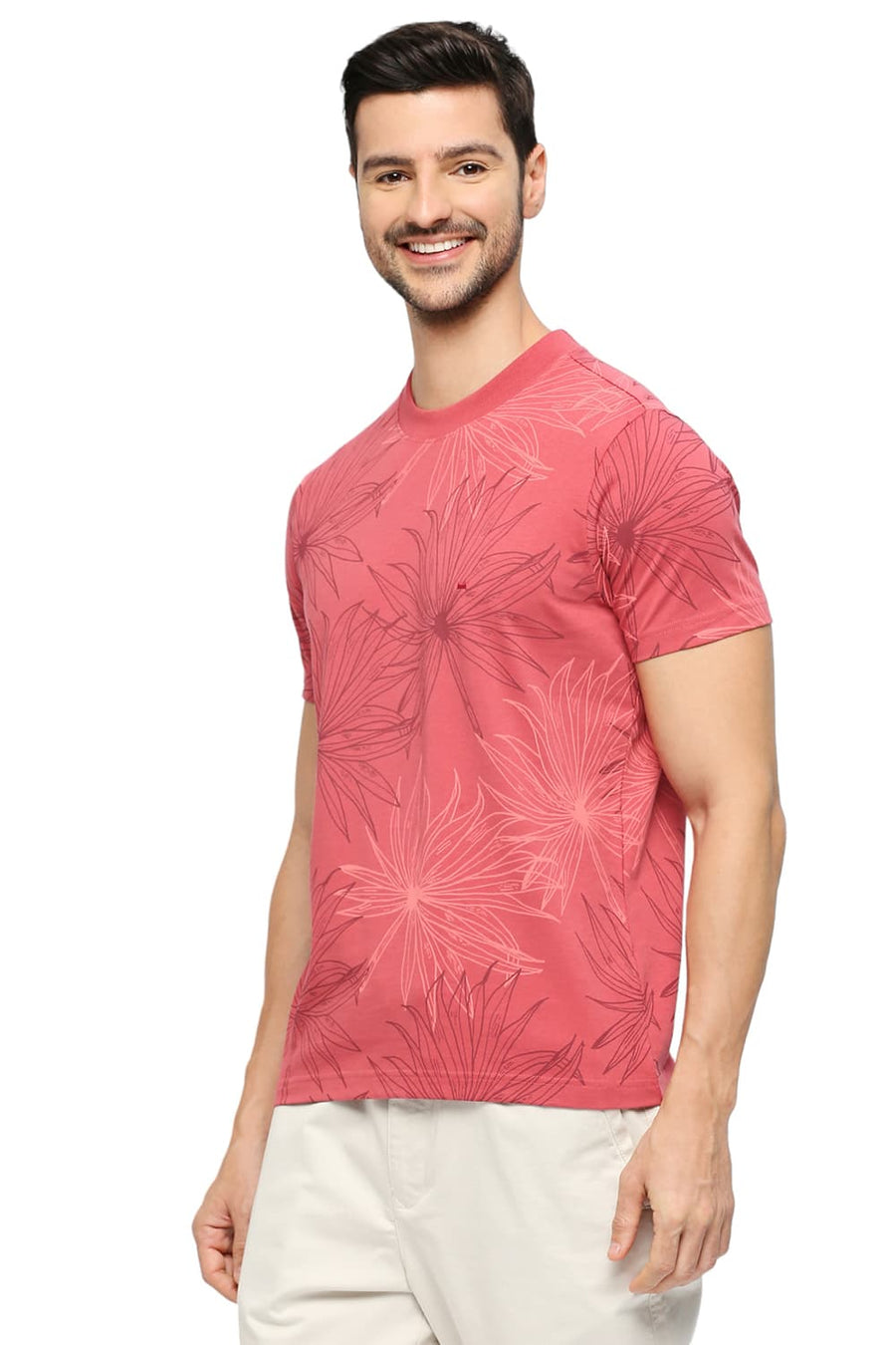 BASICS MUSCLE FIT GARNET ROSE COTTON PRINTED CREW T-SHIRTS