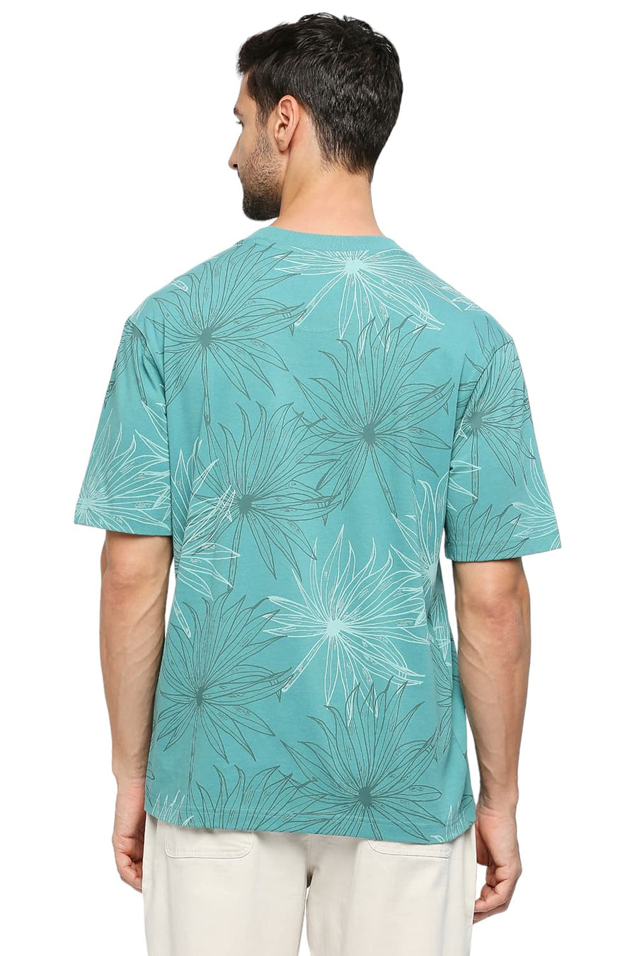 BASICS RELAXED FIT TEAL COTTON PRINTED CREW T-SHIRTS