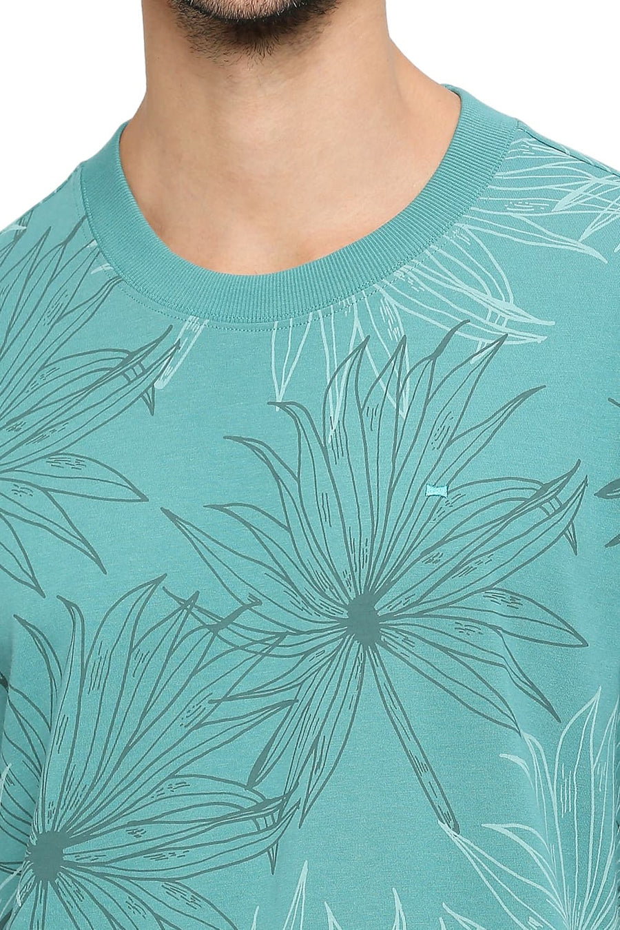 BASICS RELAXED FIT TEAL COTTON PRINTED CREW T-SHIRTS