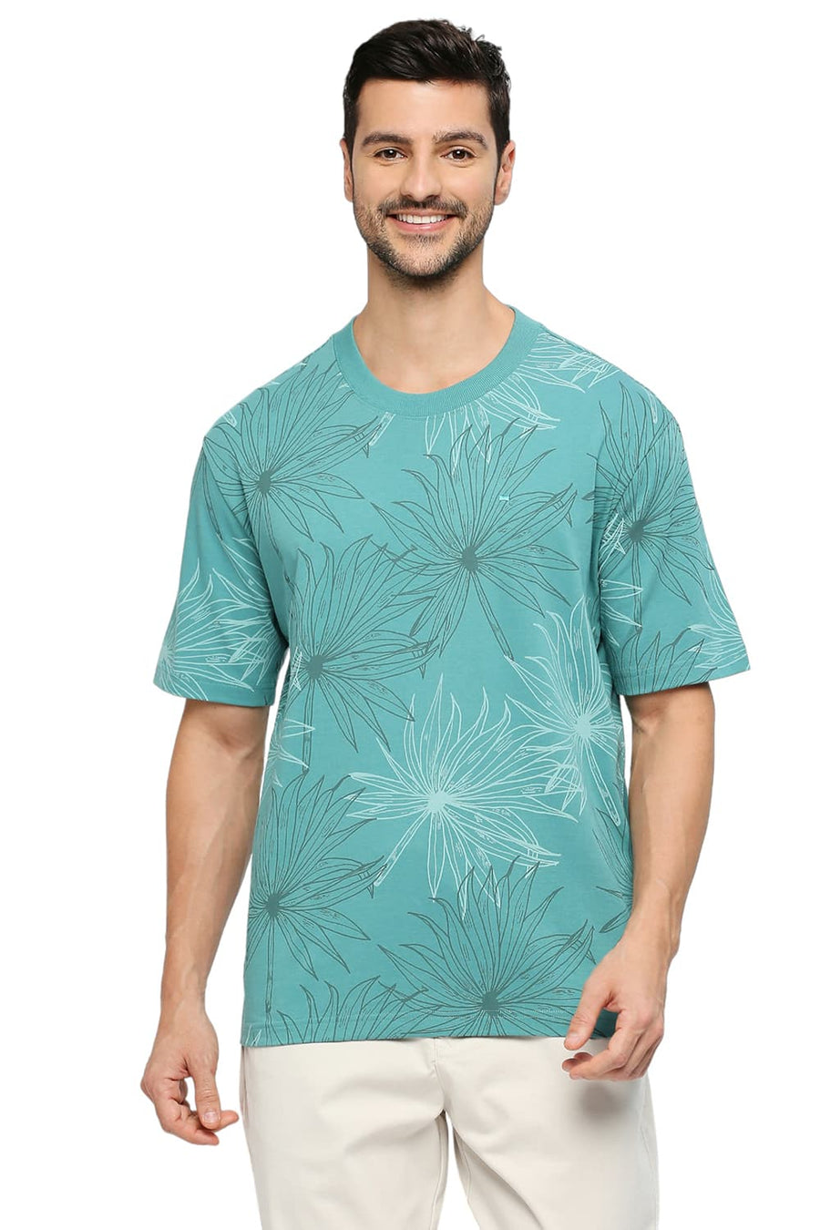 BASICS RELAXED FIT TEAL COTTON PRINTED CREW T-SHIRTS