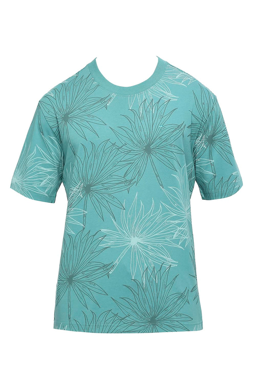 BASICS RELAXED FIT TEAL COTTON PRINTED CREW T-SHIRTS
