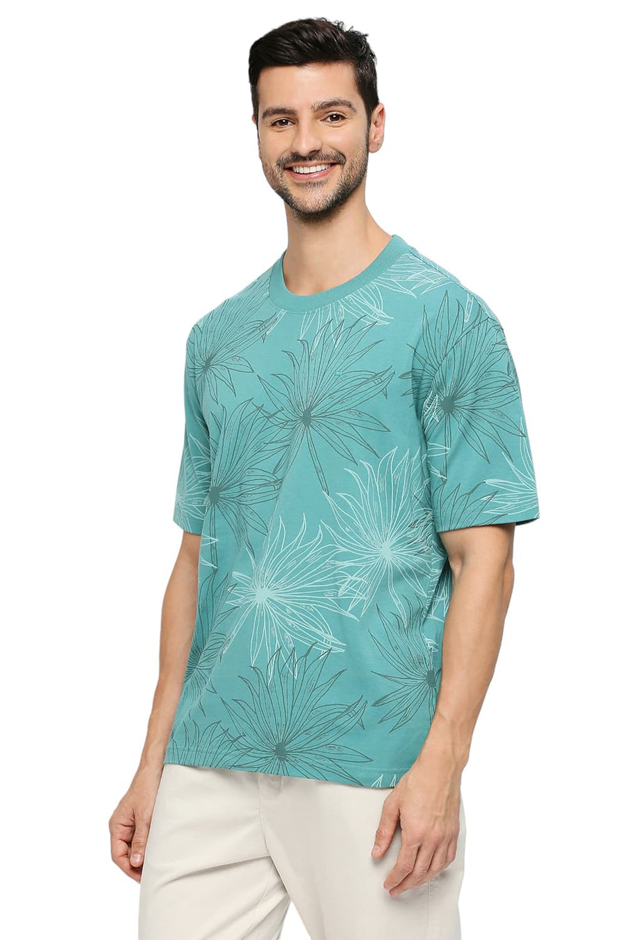 BASICS RELAXED FIT TEAL COTTON PRINTED CREW T-SHIRTS