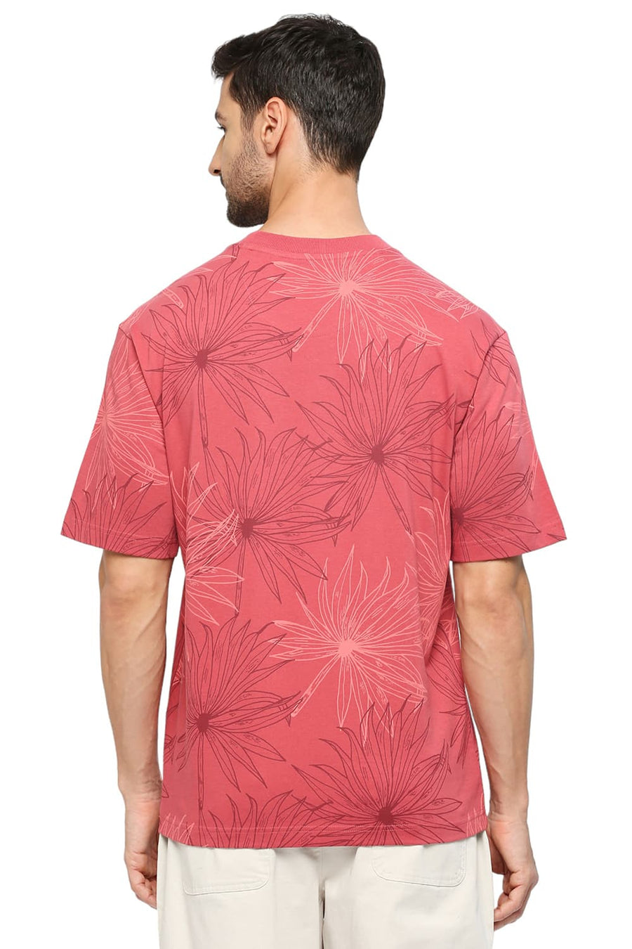 BASICS RELAXED FIT GARNET ROSE COTTON PRINTED CREW T-SHIRTS